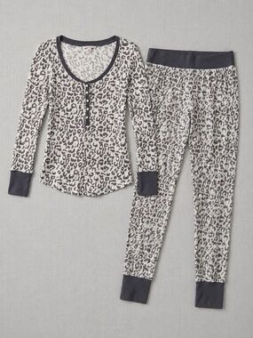 Victoria's Secret Cream & Black Leopard Soft Thermal Henley Pajama Set